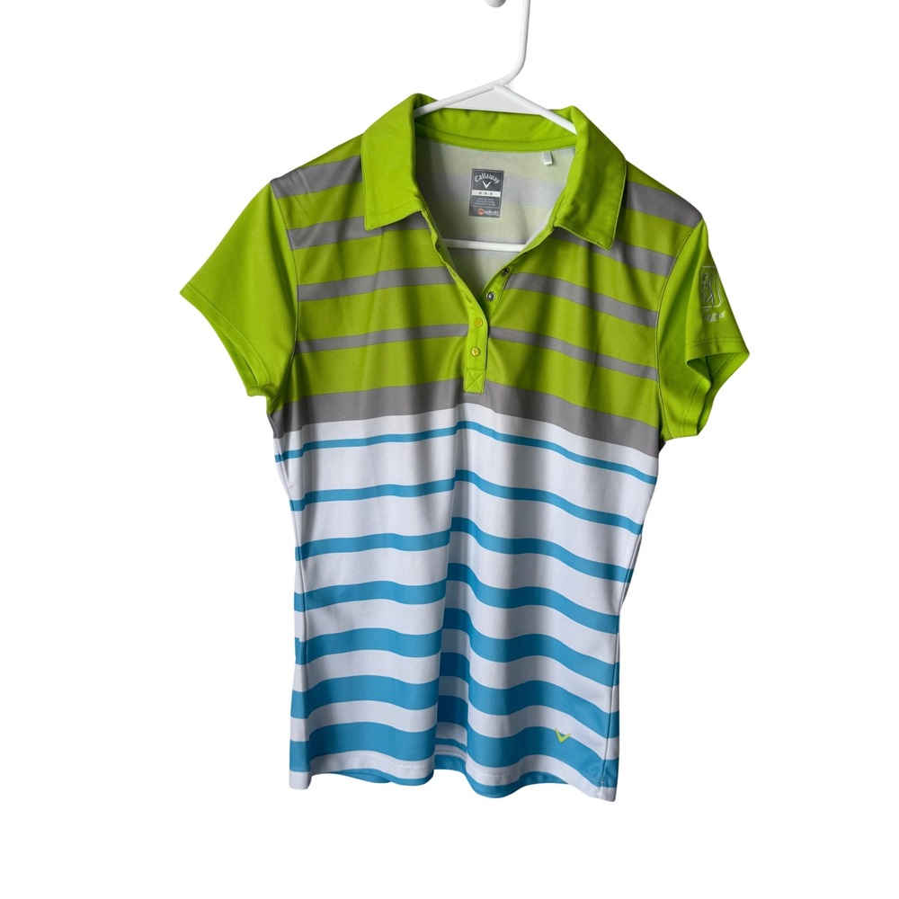 Callaway TPC Sawgrass‎ Opti-Dri Golf Polo Shirt Womens Medium Lime Green Striped